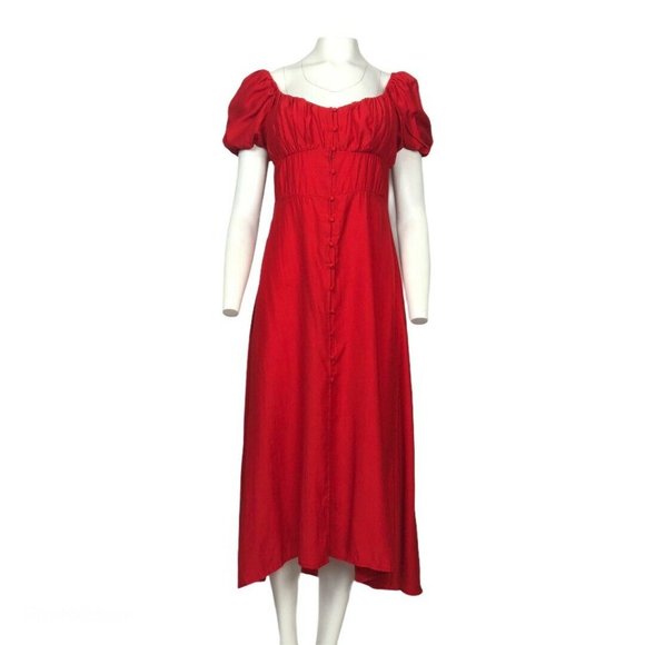 ZARA RED MIDI DRESS with BUTTONS SHORT PUFF SLEEVE - Picture 3 of 12